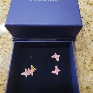 Swarovski Idyllia Lilia Rose Gold Tone Pink Butterfly Earrings 3 In Set